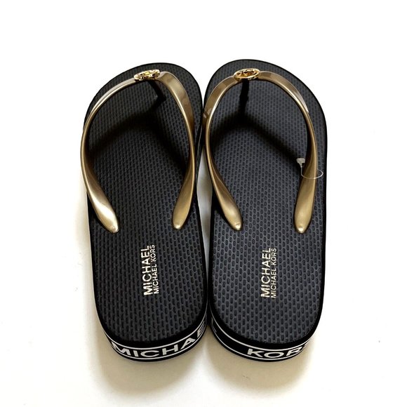 NWOB MICHAEL KORS Graphic Flip-Flop Sandals Slide On Thong Brown Gold - Picture 6 of 11